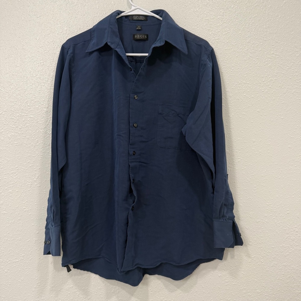 Regis Mens Iridescent Chambray Button Down Shirt Navy Blue Long Sleeve Size 16